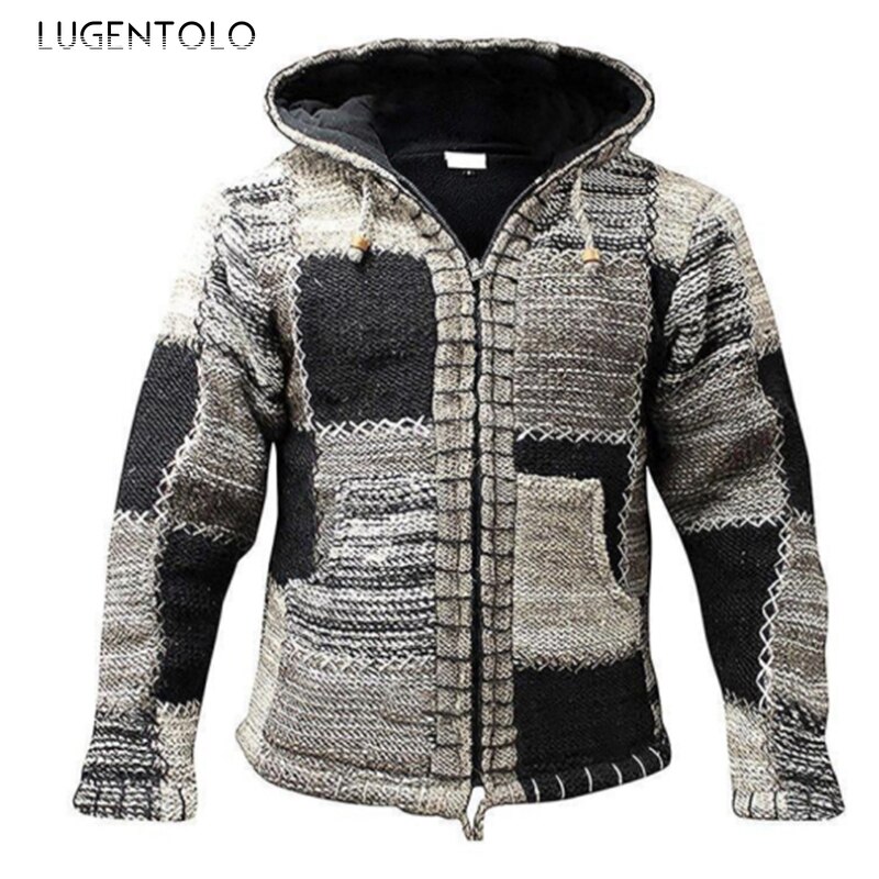 Lugentolo 후드 자켓 남성 카디건 따뜻한 가을 대형 코트 남성 플러스 벨벳 느슨한 지퍼 스트리트 니트 자켓